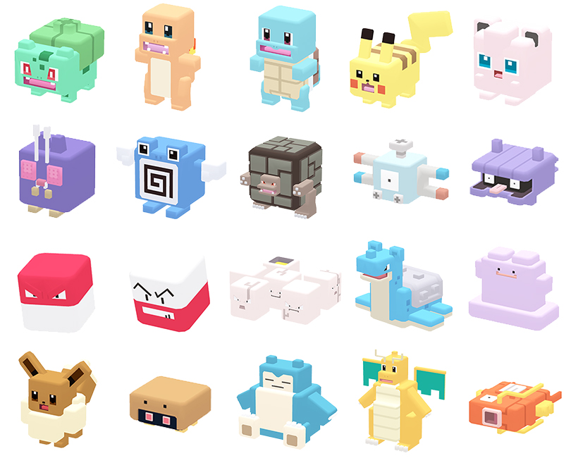 Pokémon in this land are cubes, too!
The Pokémon you know and love from Pokémon Red and Pokémon Blue appear in this game.